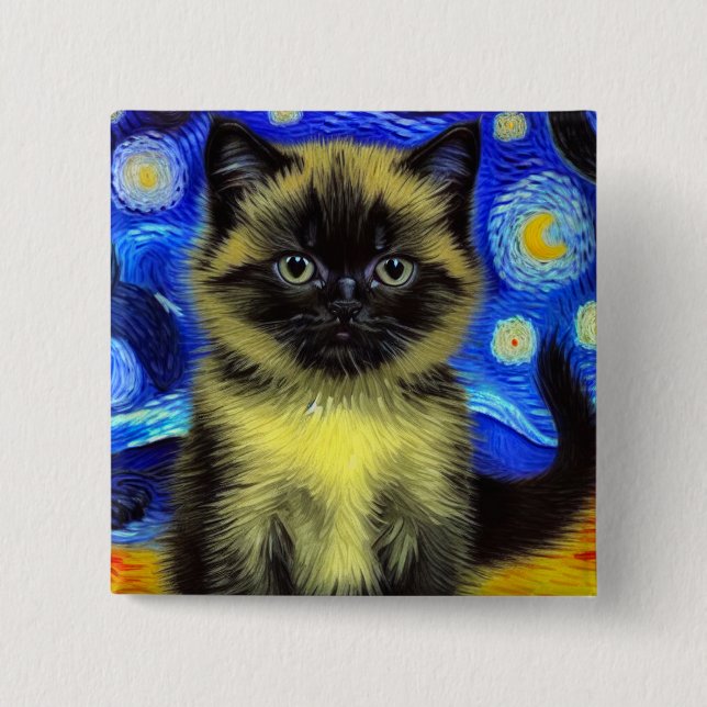 Chapa Cuadrada Van Gogh Starry Night Siamese Cat (Anverso)