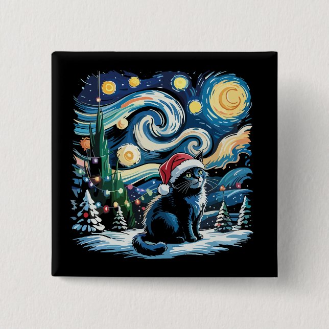 Chapa Cuadrada Van Gogh Starry Noche Festividades Navidades Gato  (Anverso)