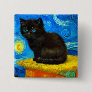 Chapa Cuadrada Van Gogh Style Starry Night Cat