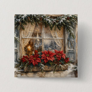 Chapa Cuadrada Ventana de Navidad con Poinsettia Nevada