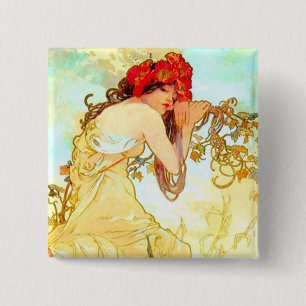Chapa Cuadrada Verano de Art Nouveau de Alphonse Mucha