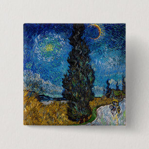 Chapa Cuadrada Vincent van Gogh - Camino con ciprés y estrella