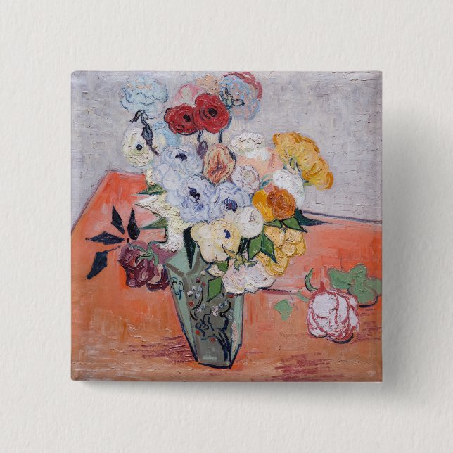 Chapa Cuadrada Vincent van Gogh - Vase con Rosas y anemones (Anverso)