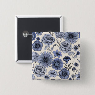 Chapa Cuadrada Vintage Blue Toile Floral Botanical Pattern