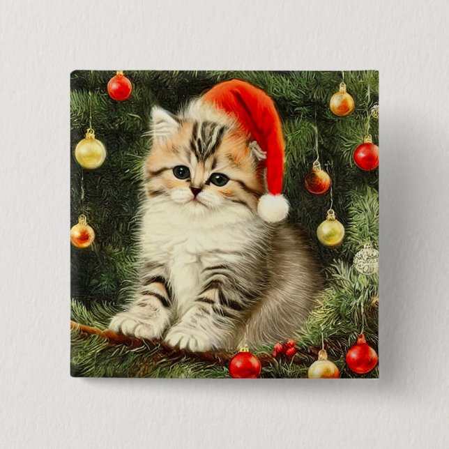 Chapa Cuadrada Vintage Christmas Kitten (Anverso)