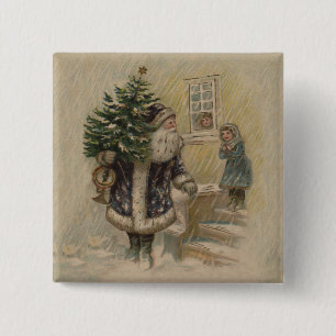 Chapa Cuadrada Vintage Santa Nieve Árbol de Navidad
