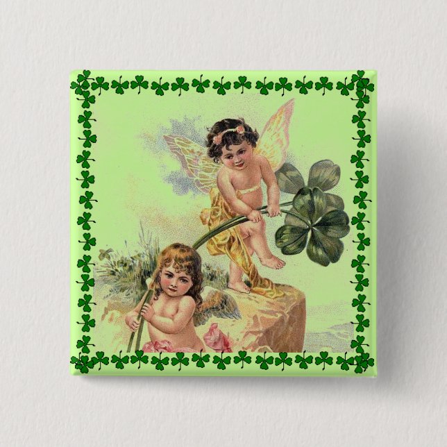 Chapa Cuadrada Vintage St. Patrick's Day Cherubs Pin (Anverso)