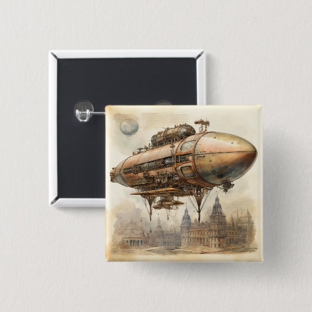 Chapa Cuadrada Vintage Steampunk Zeppelin (12) (Anverso y reverso)