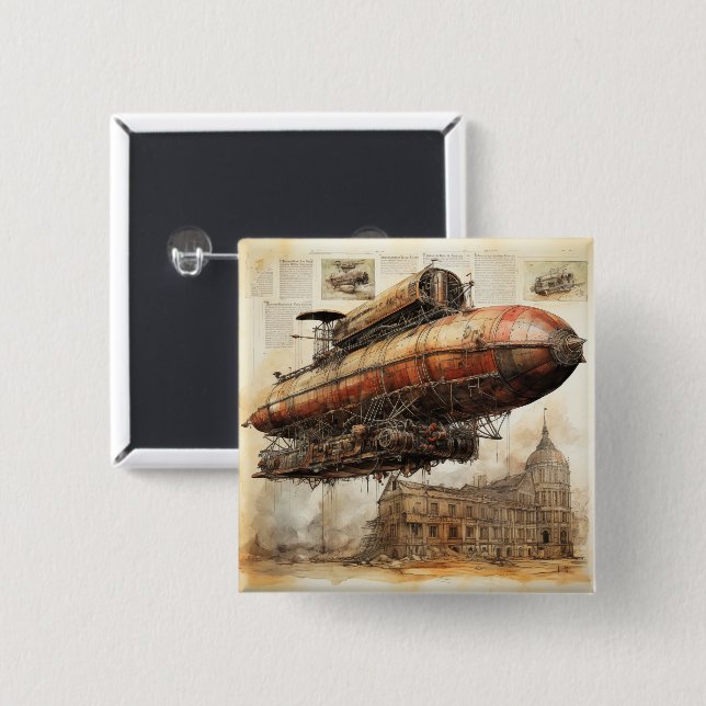 Chapa Cuadrada Vintage Steampunk Zeppelin (3) (Anverso y reverso)