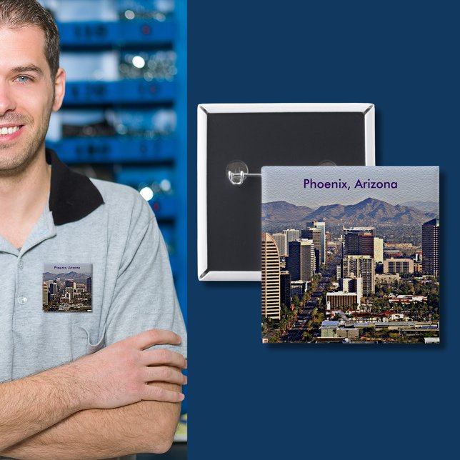 Chapa Cuadrada Vista del centro de Phoenix, Arizona (Downtown View of Phoenix, Arizona Button)