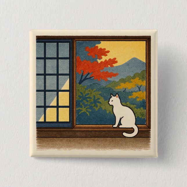 Chapa Cuadrada Wa – Quiet Window with White Cat (Anverso)