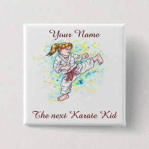 Chapa Cuadrada Watercolor Karate Niños chica de patadas altas