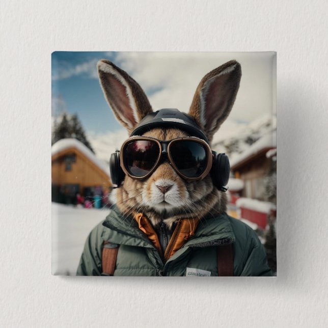 Chapa Cuadrada Whimsical Snowboarding Bunny (Anverso)