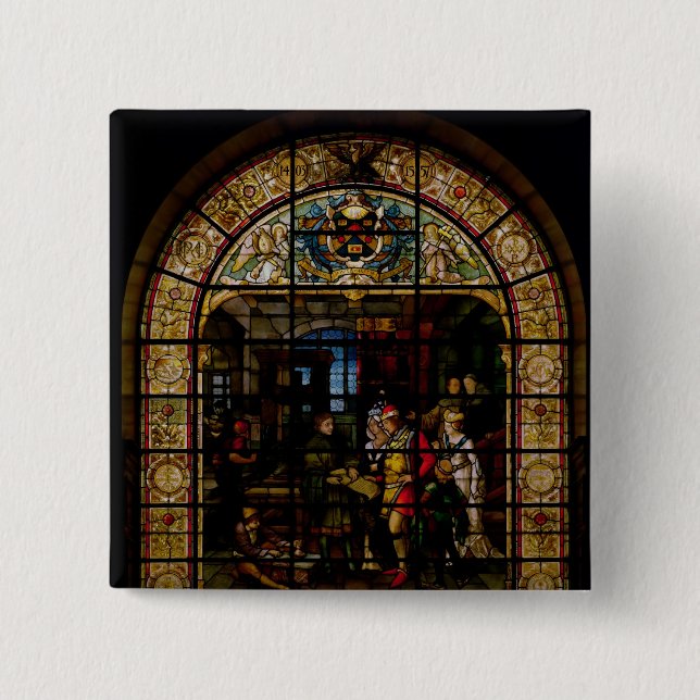 Chapa Cuadrada William Caxton que muestra su primer libro impreso (Anverso)