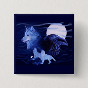 Chapa Cuadrada Wolf y Raven con luna llena