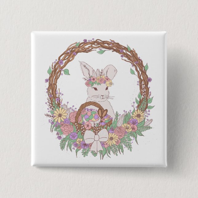 Chapa Cuadrada Wreath floral de conejo de Pascua (Anverso)