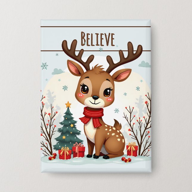 Chapa Cute Christmas Reindeer Scene Snowy Forest (Anverso)