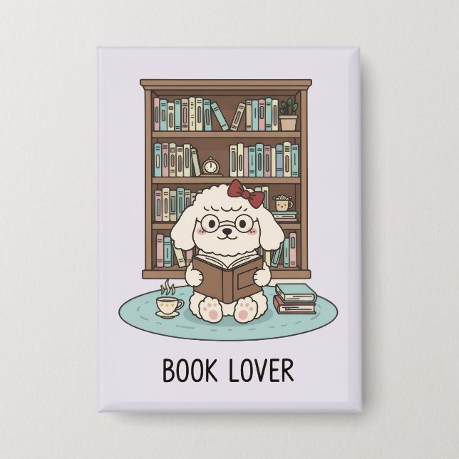 Chapa Cute Poodle Puppy Dog "Book Lover" Pastel Button  (Anverso)