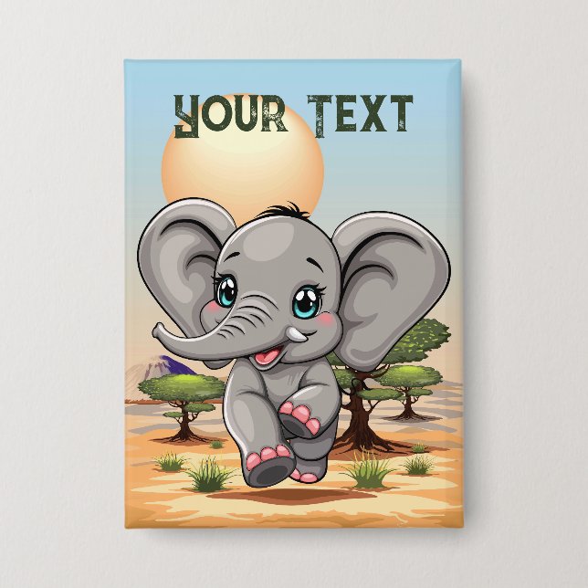 Chapa El bebé elefante salta feliz en la sabana africana (Anverso)