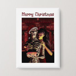 Chapa Feliz Navidad. Esqueleto divertido con mujer