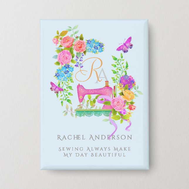 Chapa Floral de cinta de coser monograma azul (Anverso)