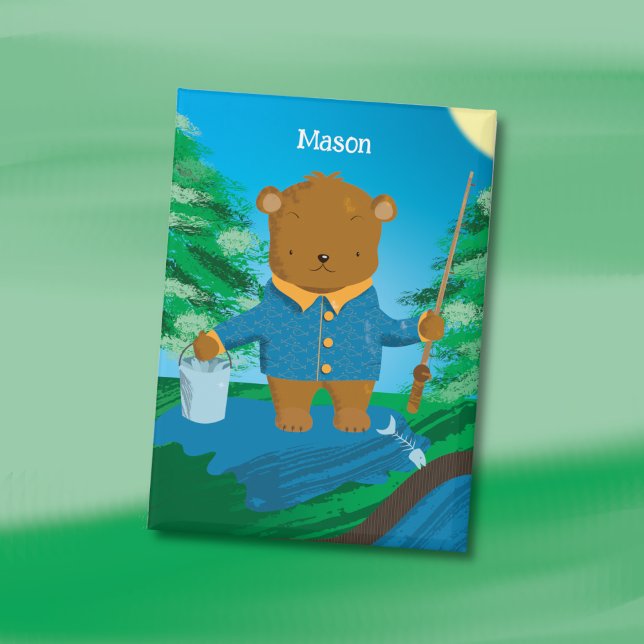 Chapa Fun Fishing Brown Bear Kid Pin Button (Fun fishing brown bear kid rectangular button with name .)