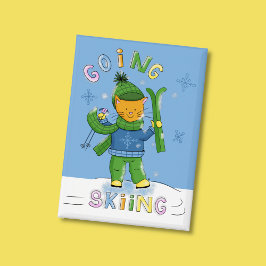 Chapa Ginger Cat Going Skiing Blue Rectangular Button