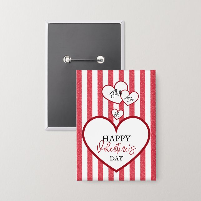 Chapa Happy Valentine's Day Hearts Chalk Stripes Button (Anverso/Reverso)
