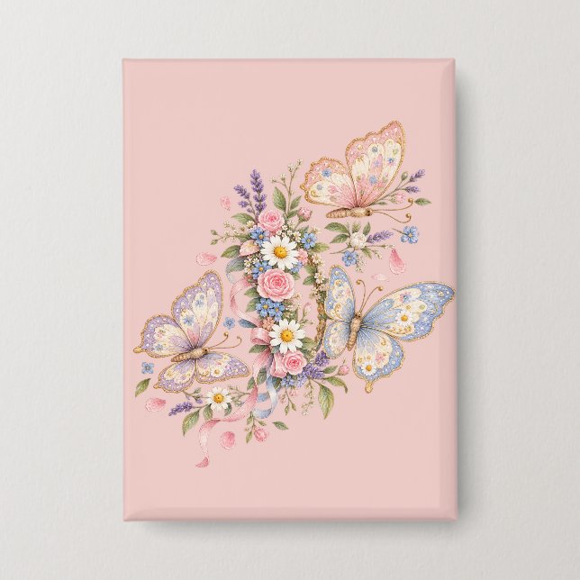 Chapa Jardín de Cumpleaños de Mariposa Pastel  (Anverso)