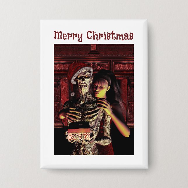 Chapa Merry Christmas. Funny skeleton with woman (Anverso)