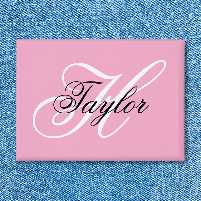 Chapa Monograma negro y blanco rosado (Black and White Fancy Monogram Pink Button)