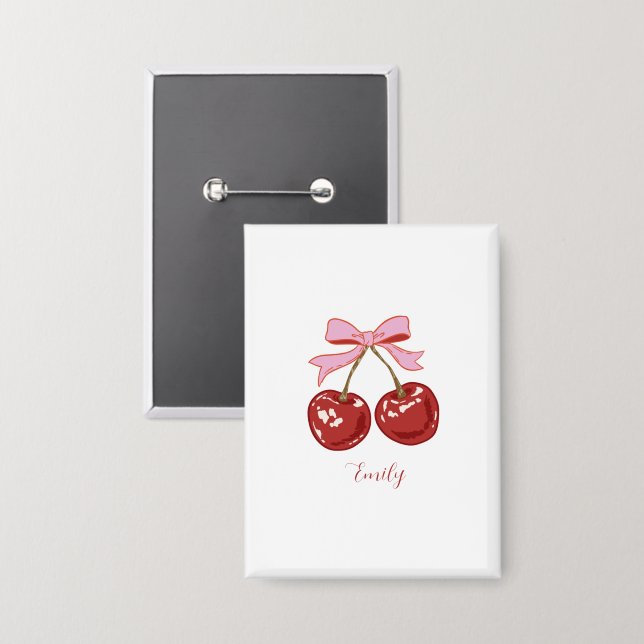 Chapa Nombre personalizado de Coquette Cherry Bow (Anverso/Reverso)