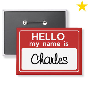 Chapa Nombre personalizado rojo blanco Hola mi nombre es