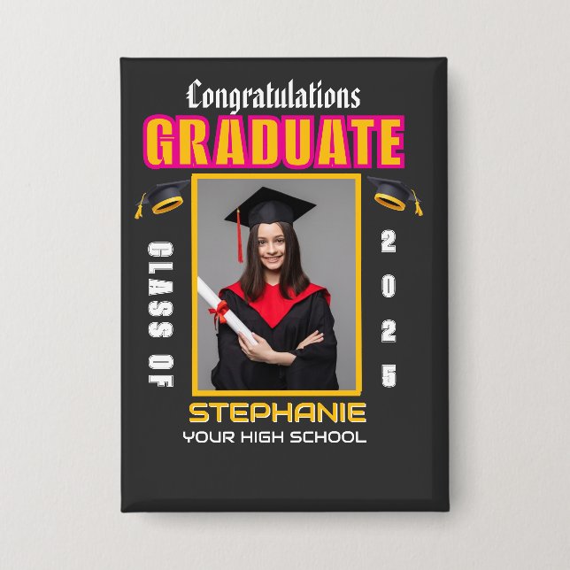 Chapa Personalizado de Graduación de Foto Graduada Felic (Anverso)