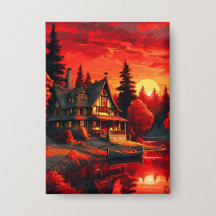 Chapa Pintura de atardecer con cabaña y lago-66633