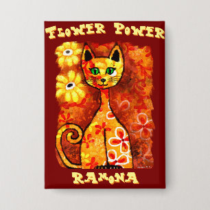 Chapa Poder Floral Gato Personalizado Retro Caprichoso
