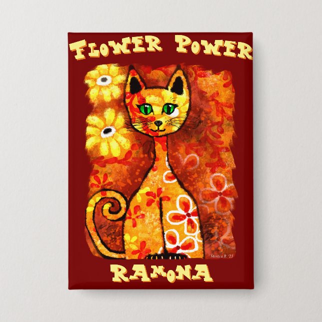 Chapa Poder Floral Gato Personalizado Retro Caprichoso (Anverso)