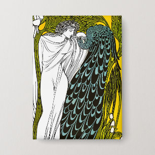 Chapa Póster Antiguo Art Nouveau Mujer y Pavo Real