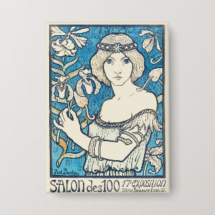 Chapa Póster vintage de mujer Art Nouveau con flores azu