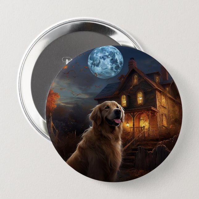 Chapa Redonda De 10 Cm Aterrador de Golden Retriever Halloween (Anverso y reverso)