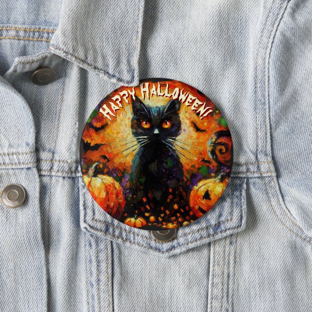 Chapa Redonda De 10 Cm Black Cat Bats Pumpkins Whimsical Personalized (In situ)