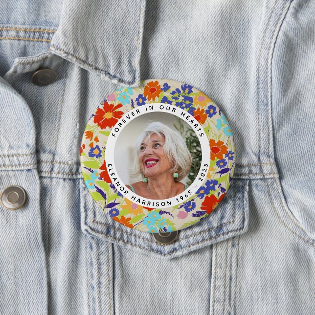 Chapa Redonda De 10 Cm Bright Wildflower Memorial Photo Frame with Text (In situ)