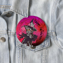 Chapa Redonda De 10 Cm Bruja Gato Feliz Halloween