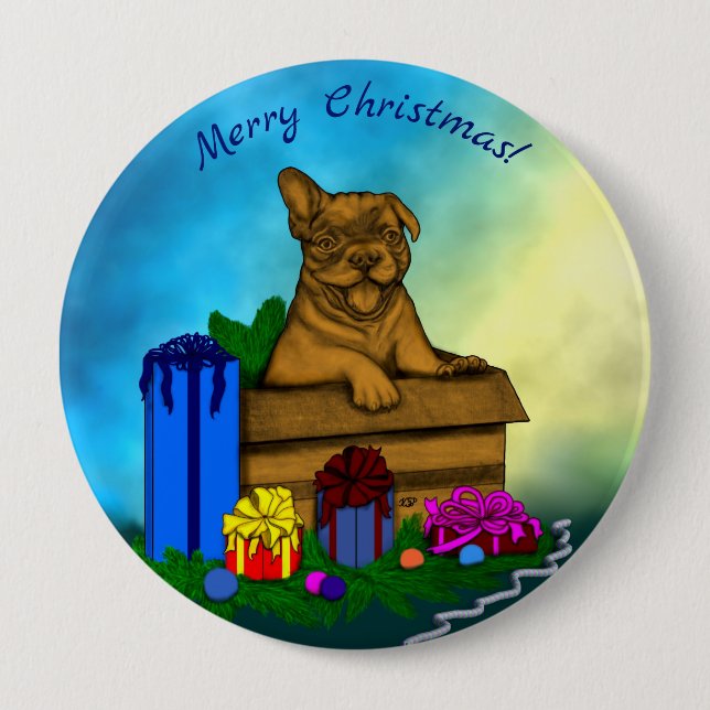 Chapa Redonda De 10 Cm Cachorro en una caja , Feliz Navidad (Anverso)