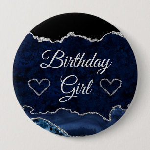 Chapa Redonda De 10 Cm Chica Cumpleaños Mármol Ágata Brillo Azul y Platea
