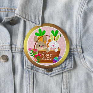 Chapa Redonda De 10 Cm Conejo Feliz de Pascua - Conejito Lindo y Canasta 