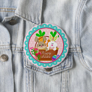 Chapa Redonda De 10 Cm Conejo Feliz de Pascua - Conejito Lindo y Canasta