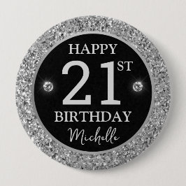 Chapa Redonda De 10 Cm Cumpleaños Elegantes Diamantes con Brillo Plateado