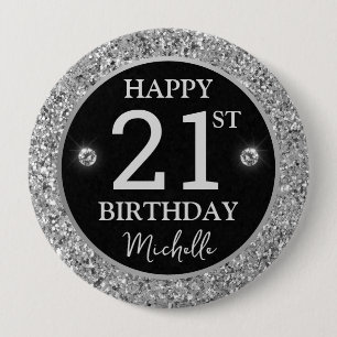 Chapa Redonda De 10 Cm Cumpleaños Elegantes Diamantes con Brillo Plateado