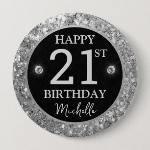 Chapa Redonda De 10 Cm Cumpleaños Elegantes Diamantes con Brillo Plateado